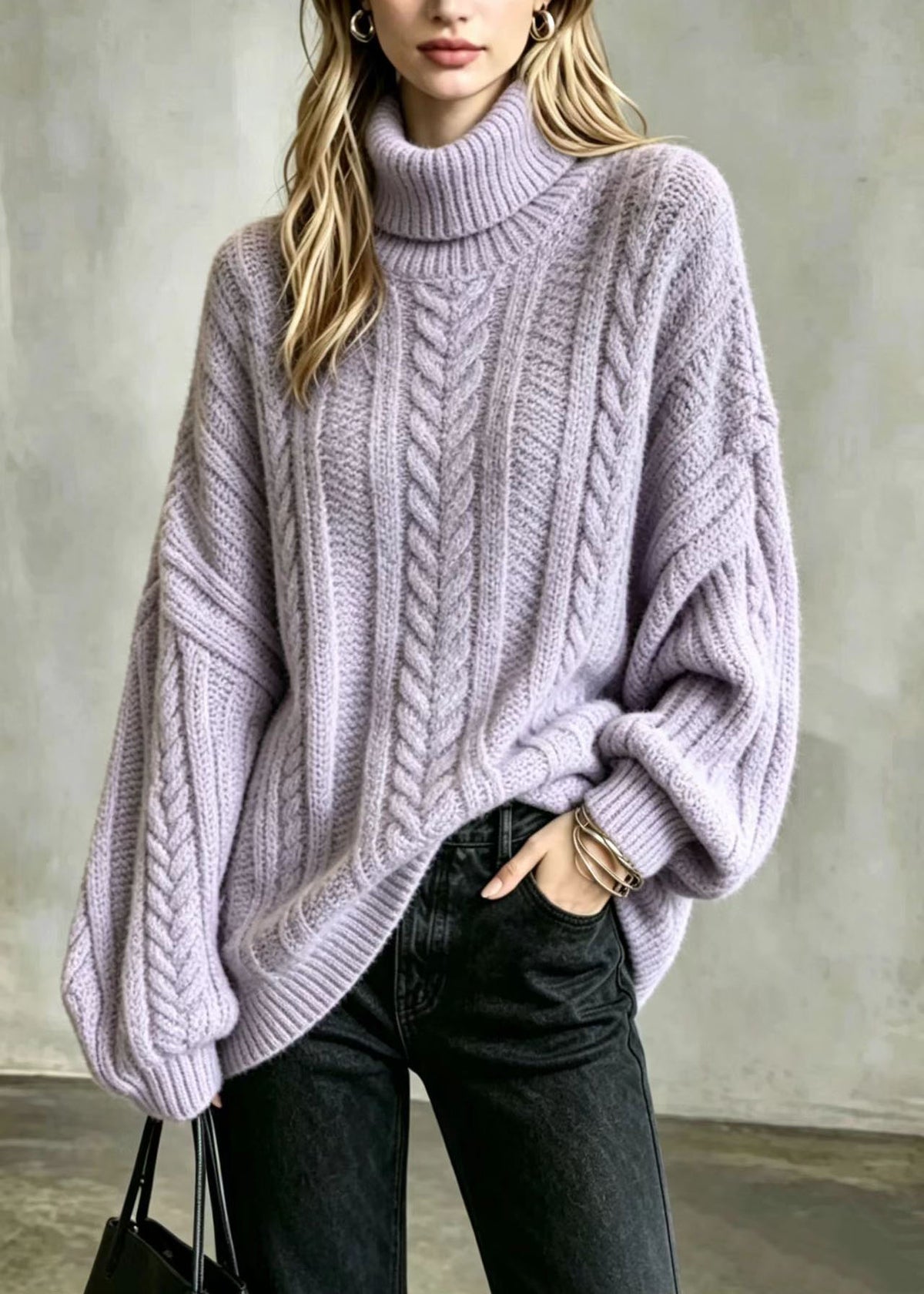 Loose Purple Hign Neck Oversized Cable Knit Sweater Long Sleeve