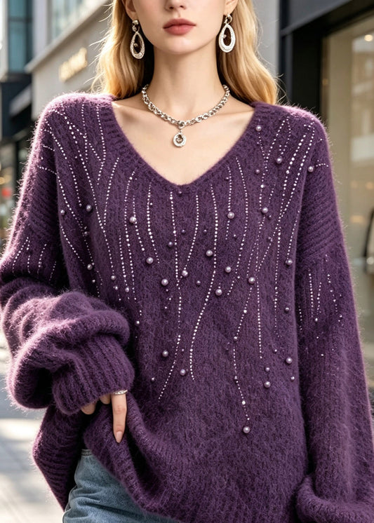 Loose Purple Nail Bead Solid Cotton Knit Sweater Fall