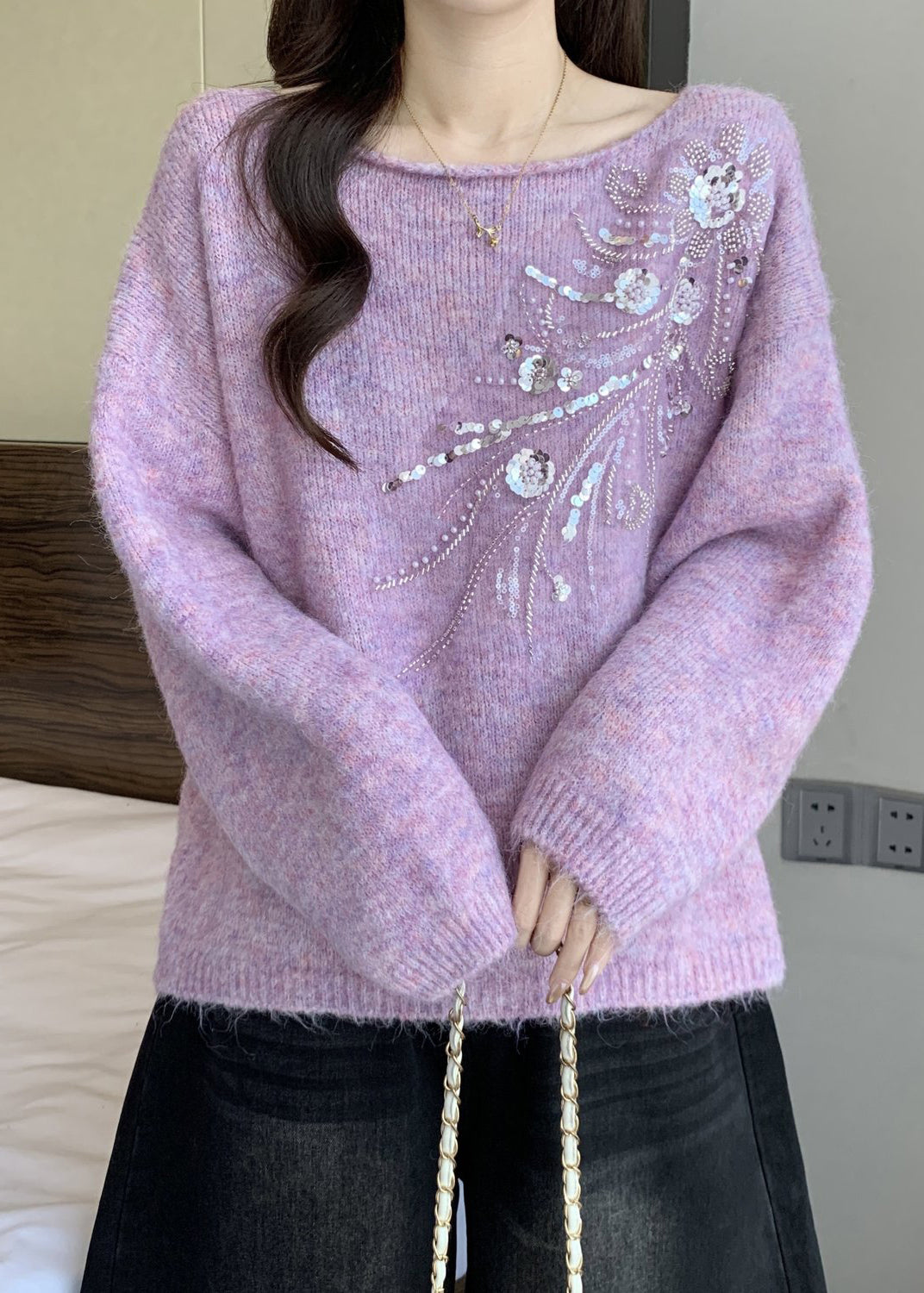 Loose Purple O Neck Sequins Cozy Knit Sweaters Winter