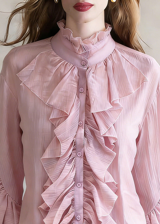 Loose Purple Ruffled Button Shirt Top Flare Sleeve