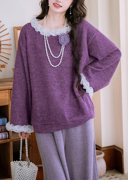 Loose Purple Ruffled Floral Patchwork Knit Sweater Flare Sleeve