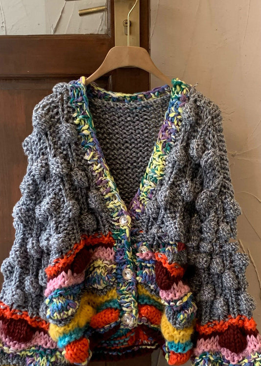 Loose Rainbow V Neck Patchwork Cotton Knit Cardigans Fall