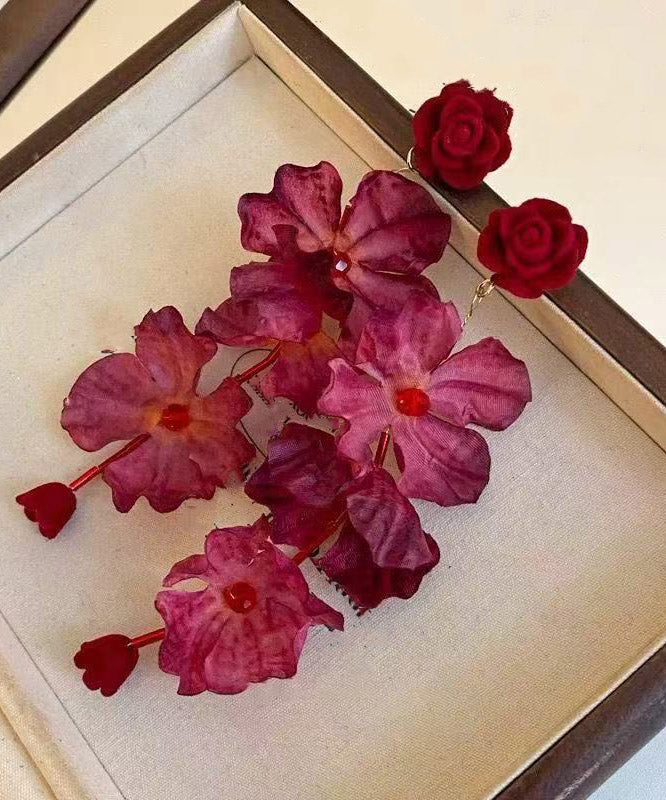 Loose Red Alloy Rose Tassel Drop Earrings