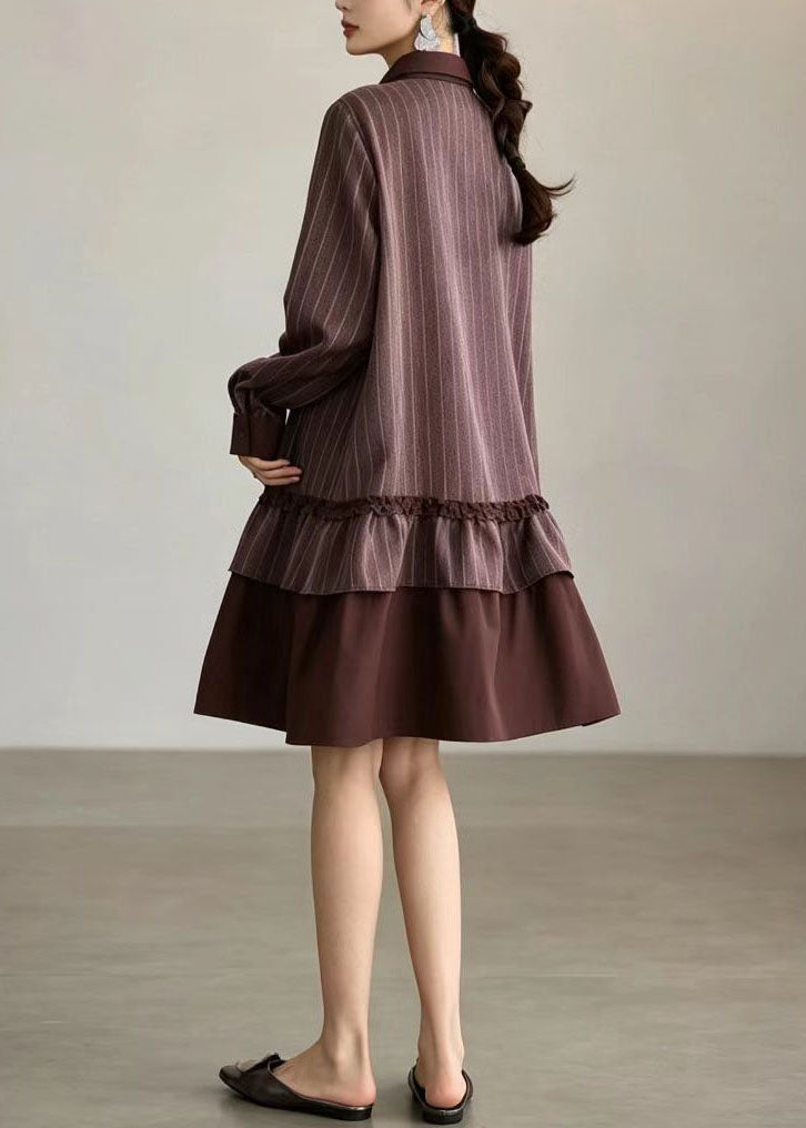 Loose Red Brown Striped Turn-Down Collar Patchwork Dresses Fall