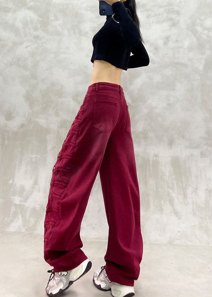 Loose Red High Waist Side Row Buttons Draping Denim Curved Blade Pants Fall