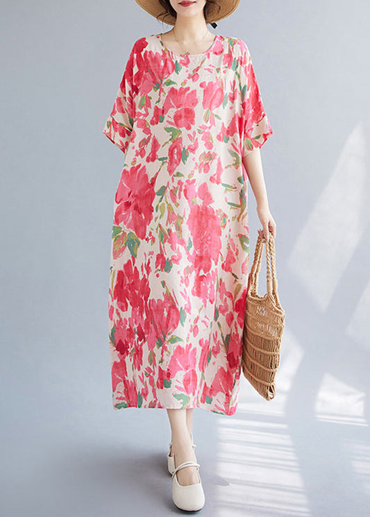 Loose Red O-Neck Print Maxi Dresses Summer