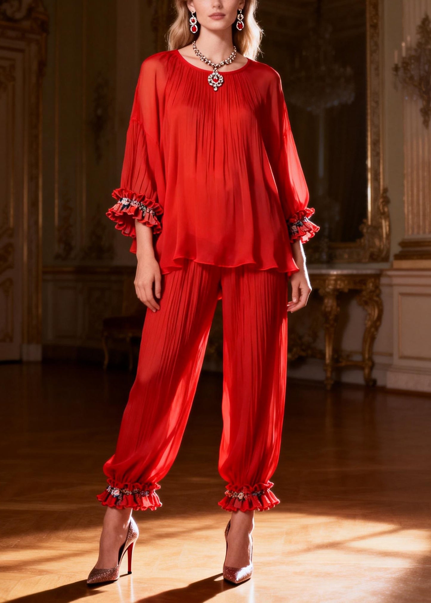Loose Red O Neck Ruffled Tops And Crop Pants Two Piece Set Bracelet Sleeve