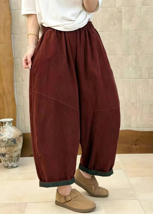 Loose Red Pockets Elastic Waist High Waist Corduroy Crop Pants Fall