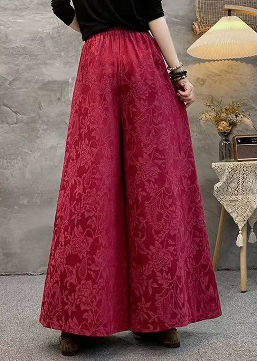 Loose Red Pockets Jacquard Silk Wide Leg Pants Fall