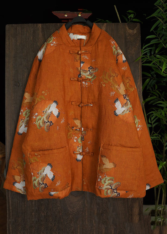 Loose Red Print Chinese Button Pockets Fine Cotton Coats Spring