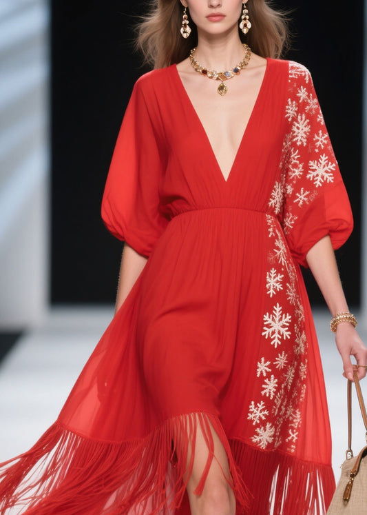 Loose Red Print Tassel Patchwork Cotton Dress Summer