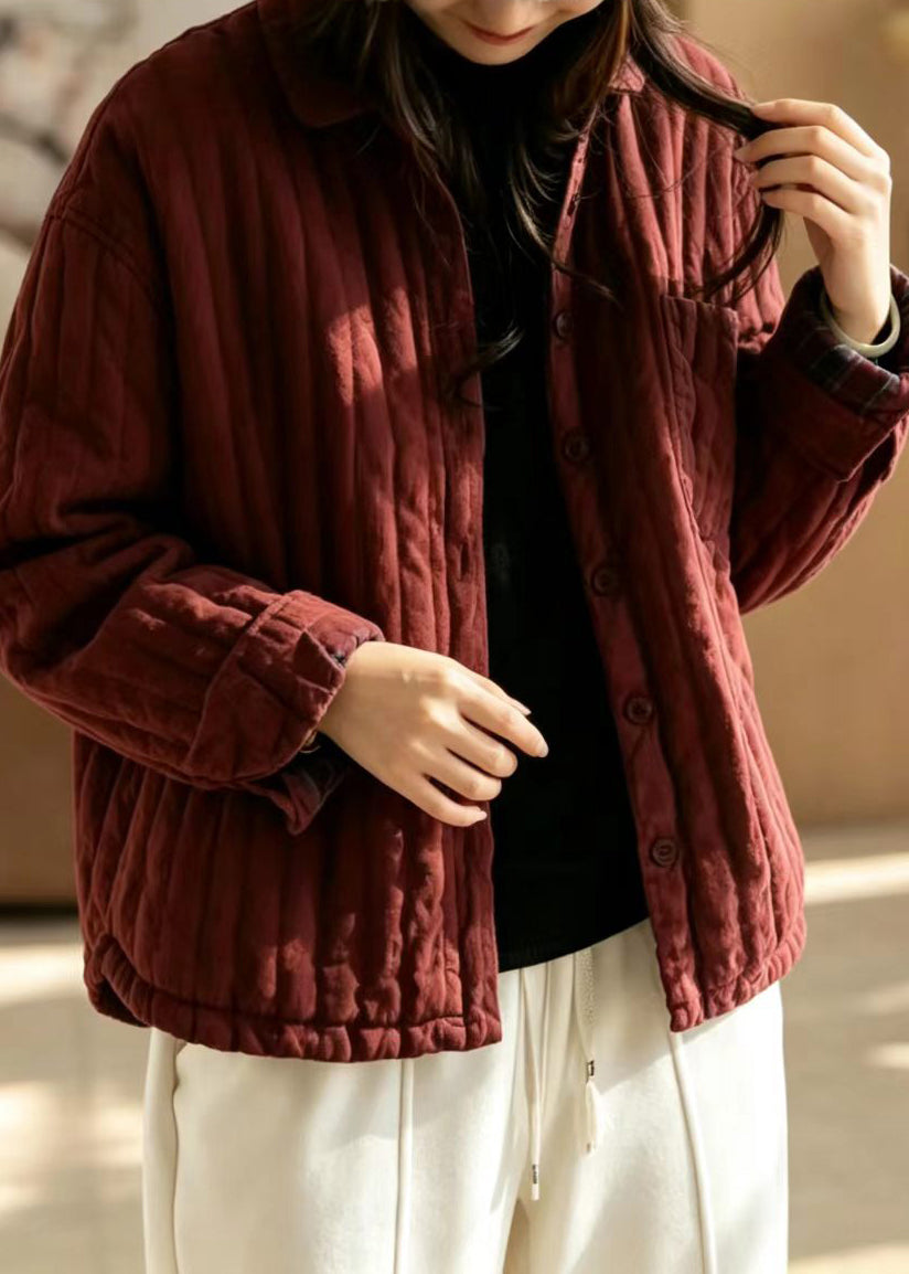 Loose Red Turn-Down Collar Quilted Cotton Filled Jacket Winter