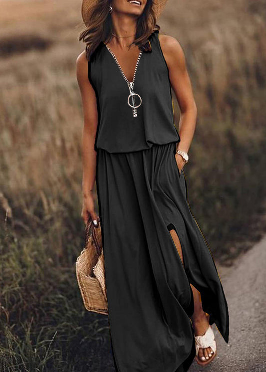 Loose Red Zip Up Patchwork Side Open Cotton Dress Sleeveless