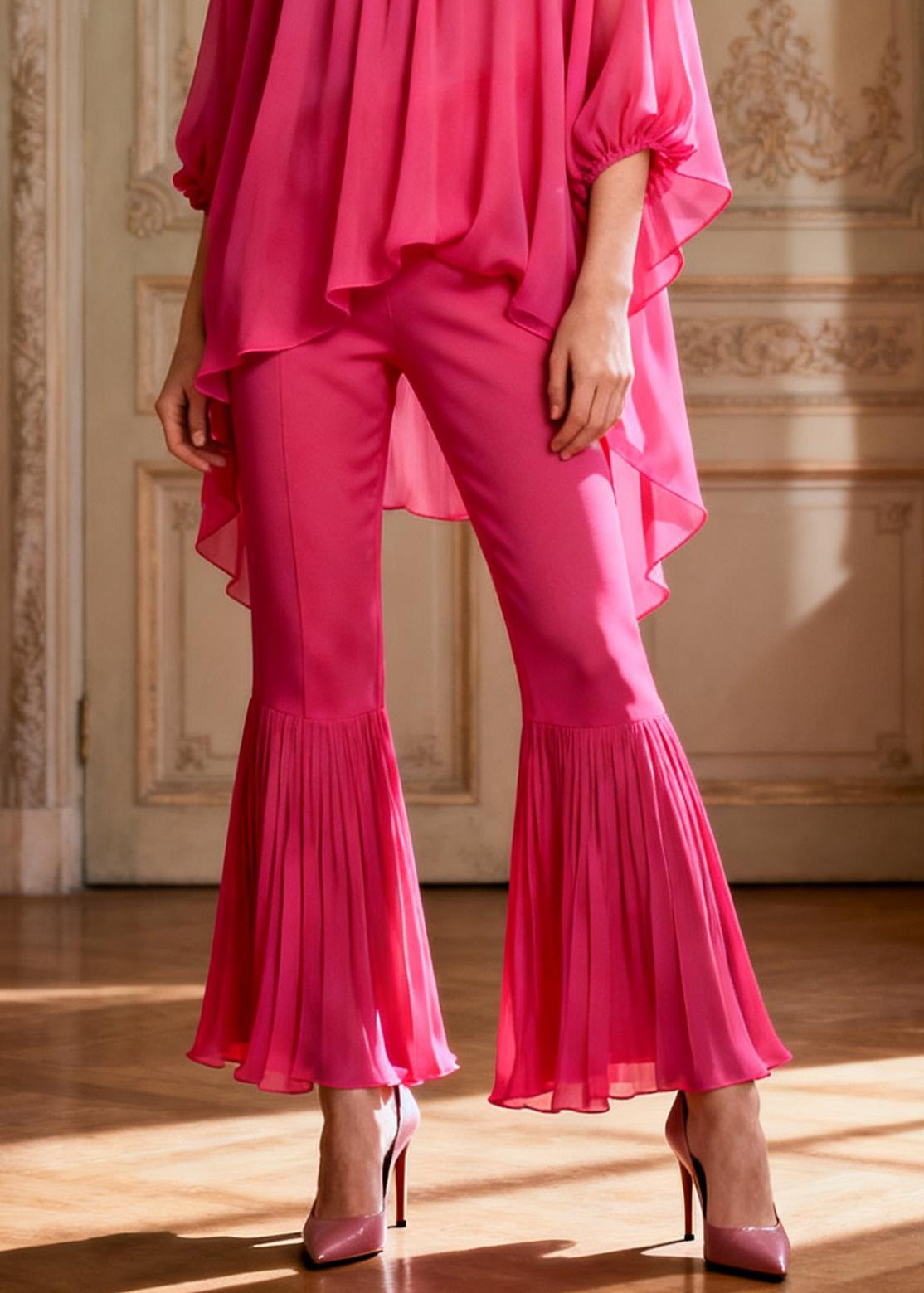 Loose Rose Ruffled Low High Design Chiffon Two Pieces Set Spring