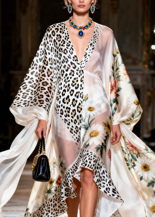 Loose Ruffled Print Patchwork Silk Maxi Dresses Summer