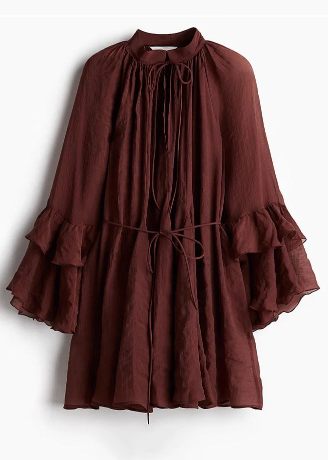 Loose Rust V Neck Tie Waist Cotton Mid Dress Fall