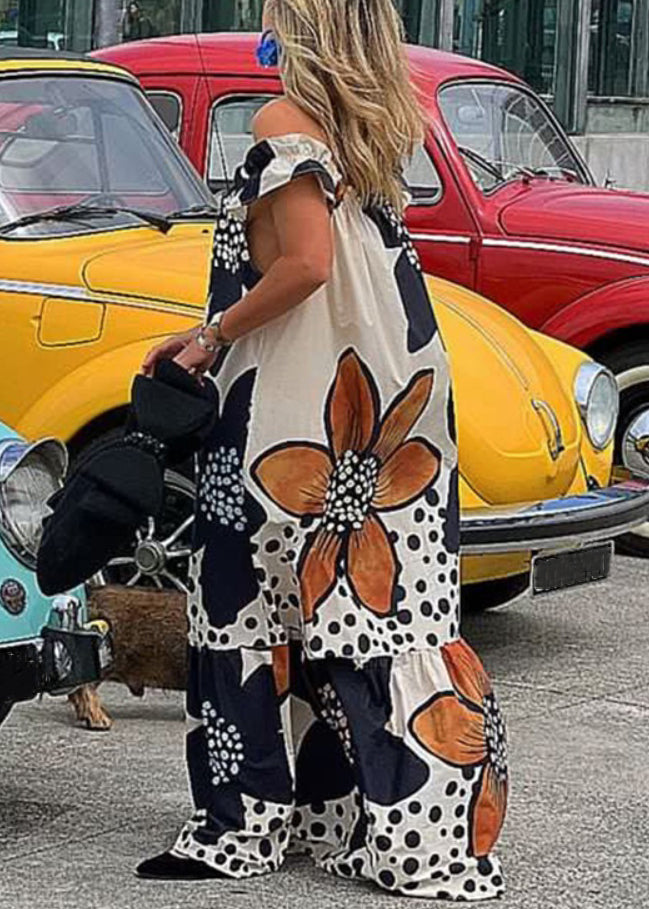 Loose Slash Neck Print Ruffled Cotton Maxi Dresses Summer