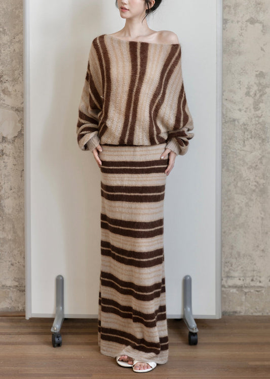 Loose Striped O Neck Cozy Sweaters And Skirts Two Piece Set Fall