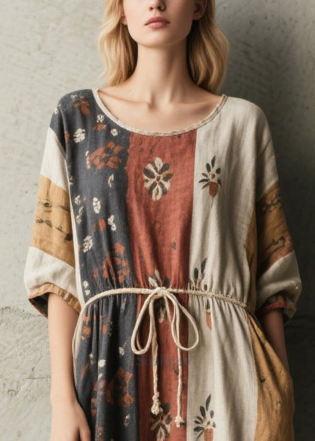 Loose Tie Waist Print Cotton Vacation Dresses Summer