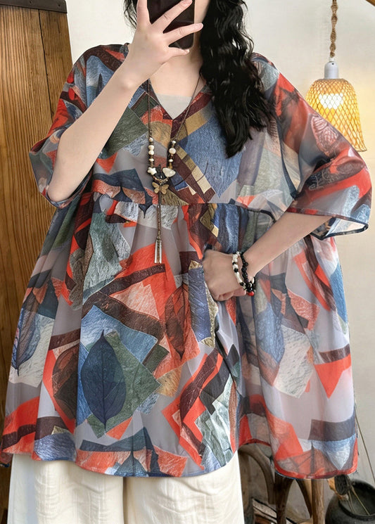 Loose V Neck Print Chiffon Shirt Tops Summer