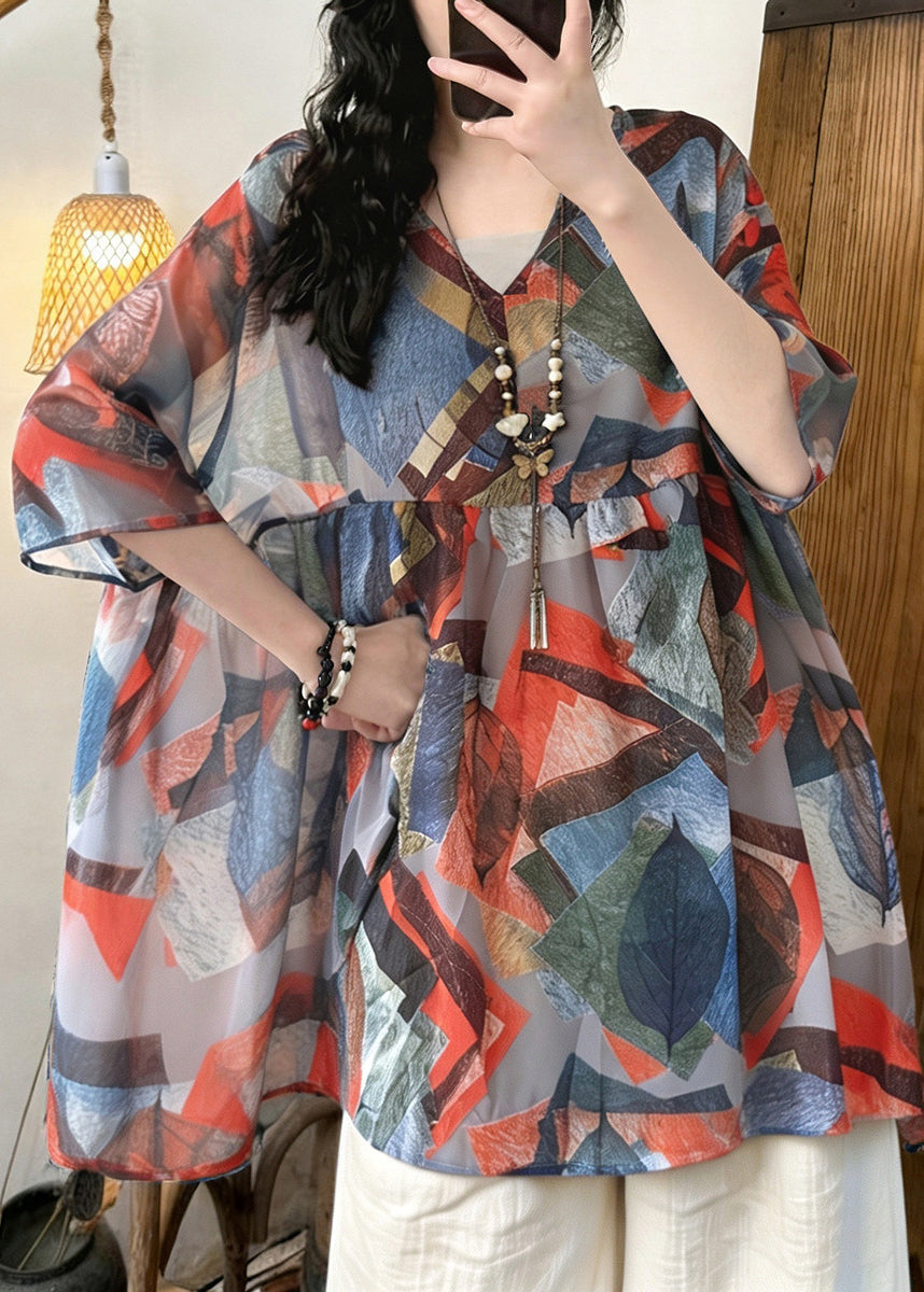 Loose V Neck Print Chiffon Shirt Tops Summer