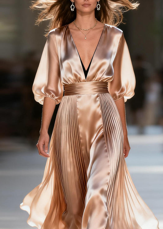 Loose V Neck Wrinkled Patchwork Silk Maxi Dresses Summer