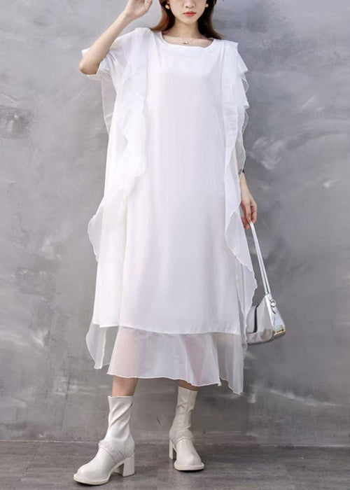 Loose White Asymmetrical Ruffled Chiffon Dresses Summer