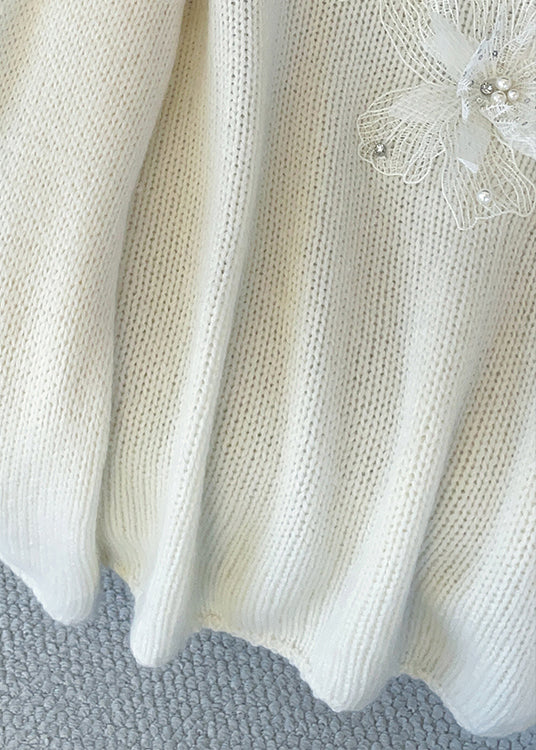 Loose White Floral Nail Bead Knit Sweaters Fall