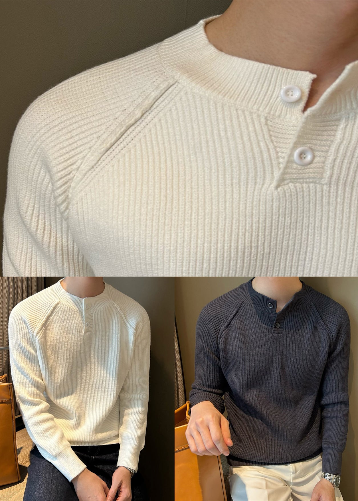 Loose White O Neck Button Solid Knit Mens Sweaters Fall