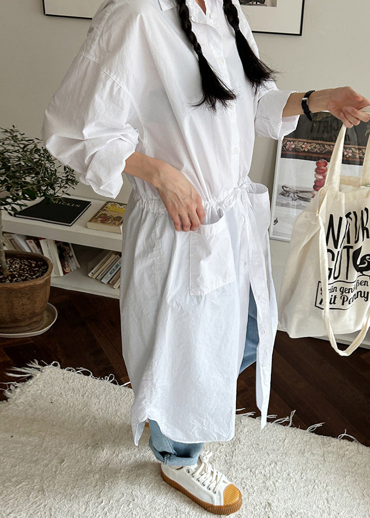 Loose White Pockets Cinched Cotton Shirts Dresses Fall
