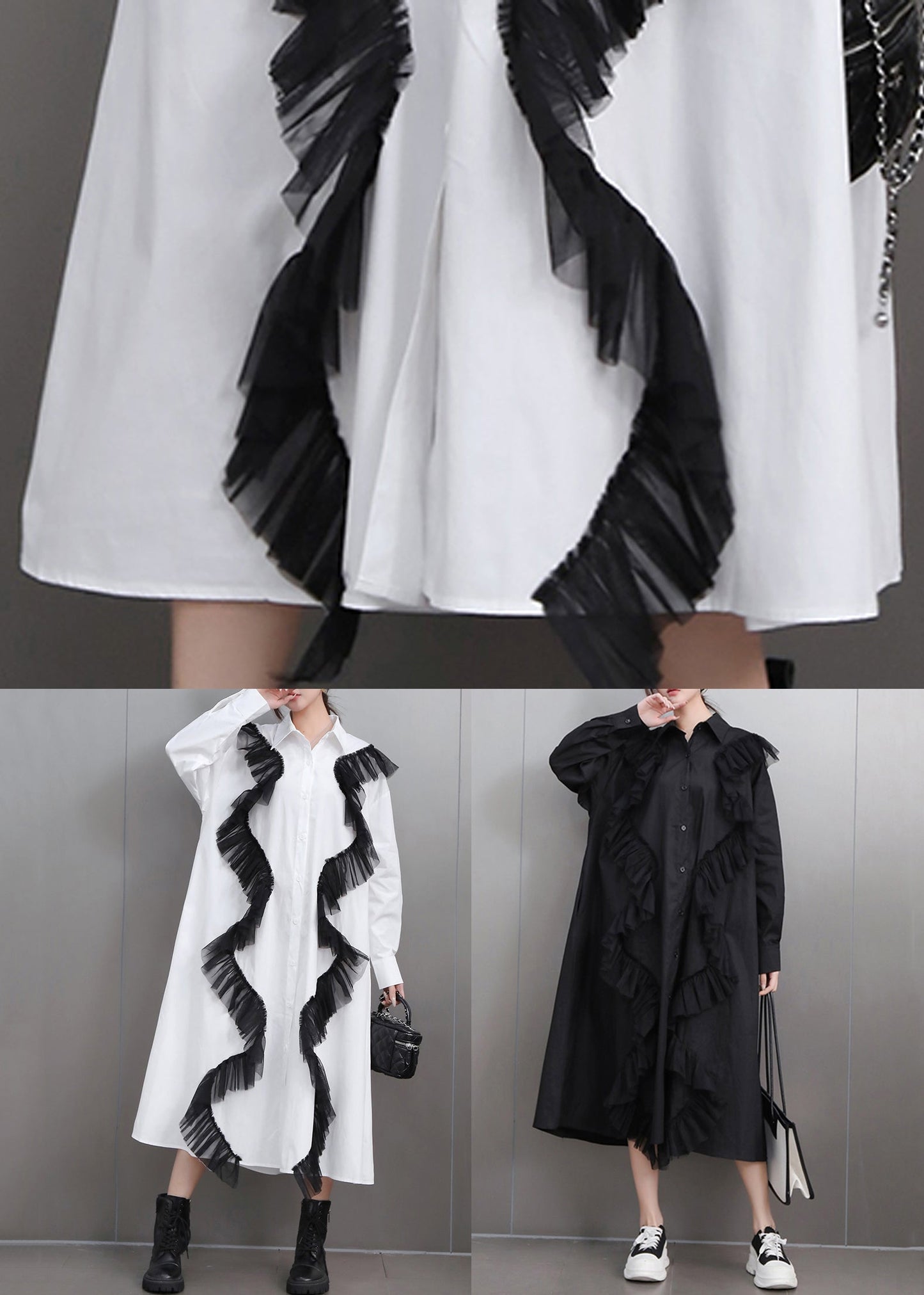 Loose White Pockets Tulle Patchwork Cotton Shirts Dress Fall