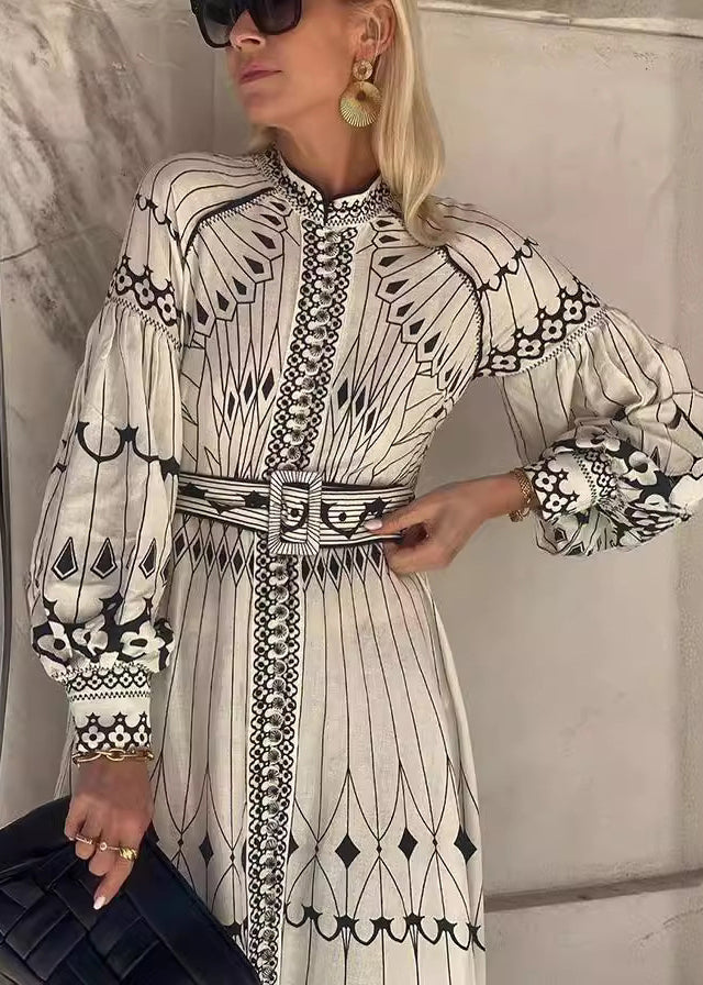 Loose White Print Sashes Cotton Maxi Dress Lantern Sleeve