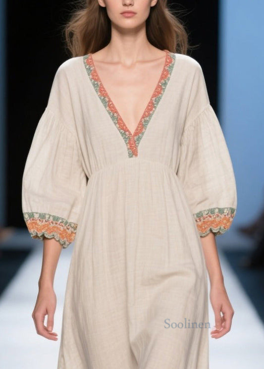 Loose White Puff Sleeve Patchwork Linen Dress Summer
