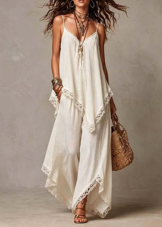 Loose White V Neck Asymmetrical Two Pieces Set Summer