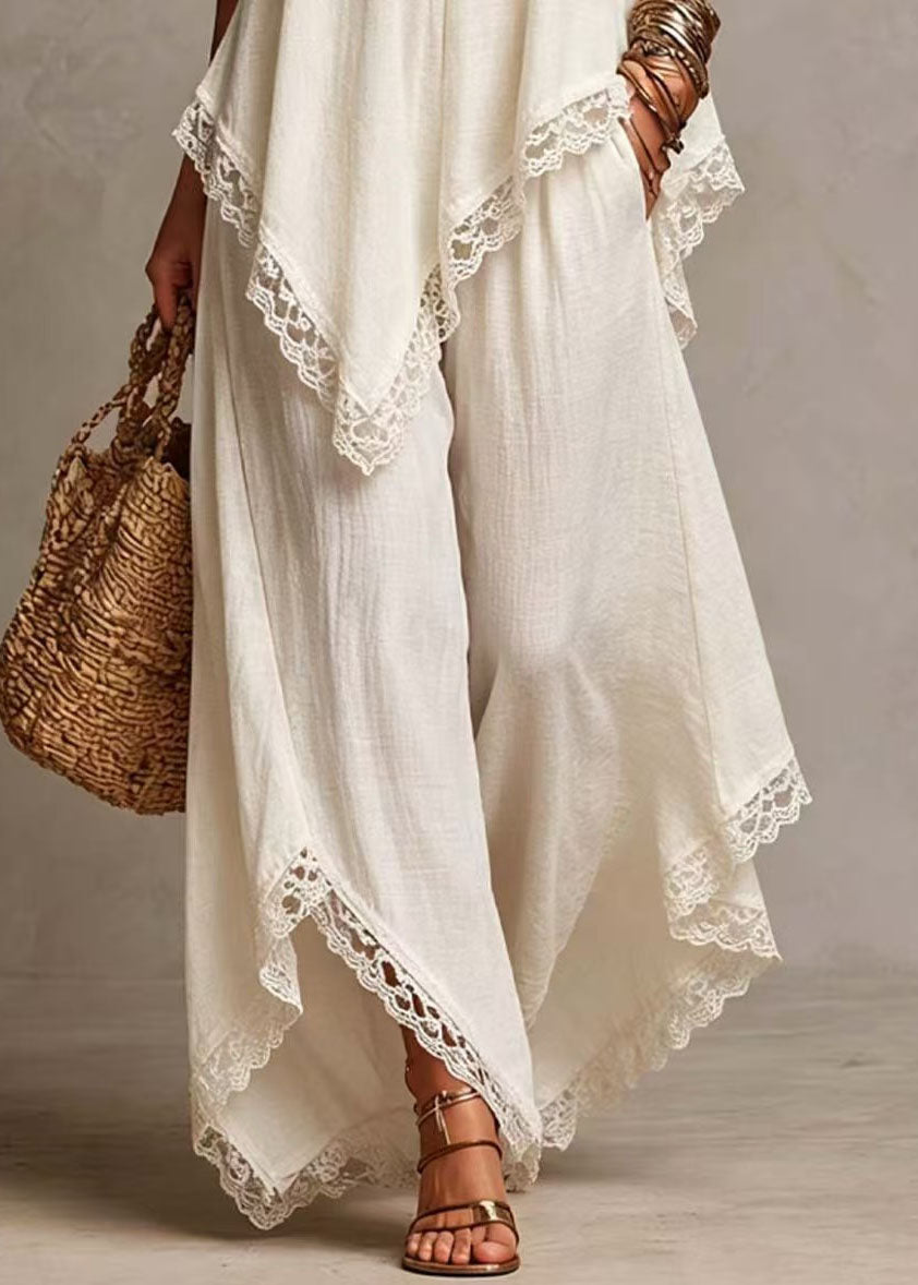 Loose White V Neck Asymmetrical Two Pieces Set Summer
