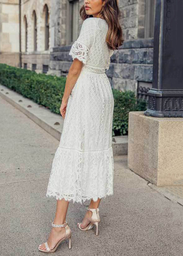 Loose White V Neck Hollow Out Lace Maxi Dress Summer