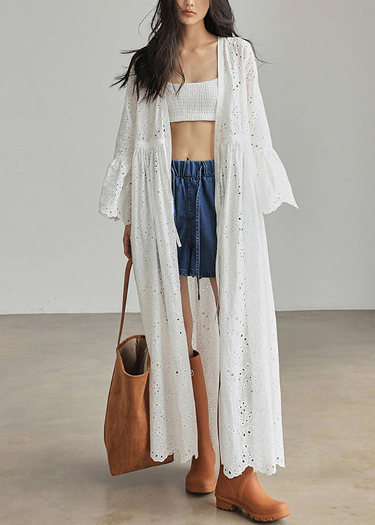 Loose White V Neck Patchwork Hollow Out Cardigans Flare Sleeve