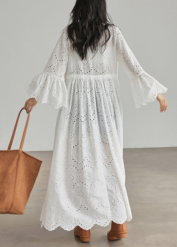 Loose White V Neck Patchwork Hollow Out Cardigans Flare Sleeve