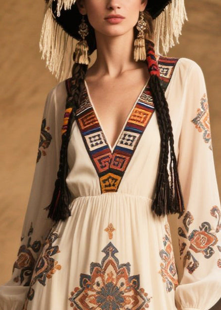 Loose White V Neck Print Chiffon Holiday Dress Fall