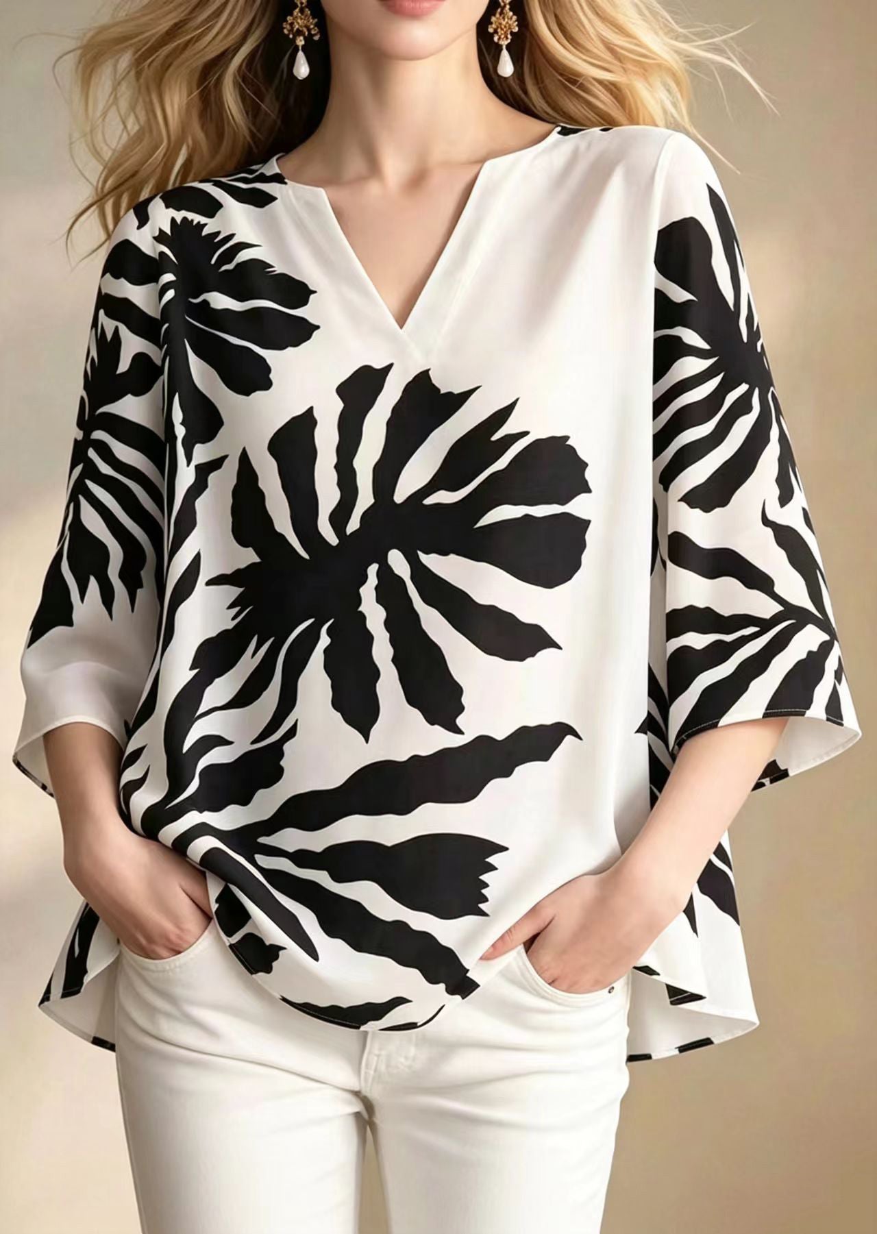 Loose White V Neck Print Chiffon Shirt Top Summer