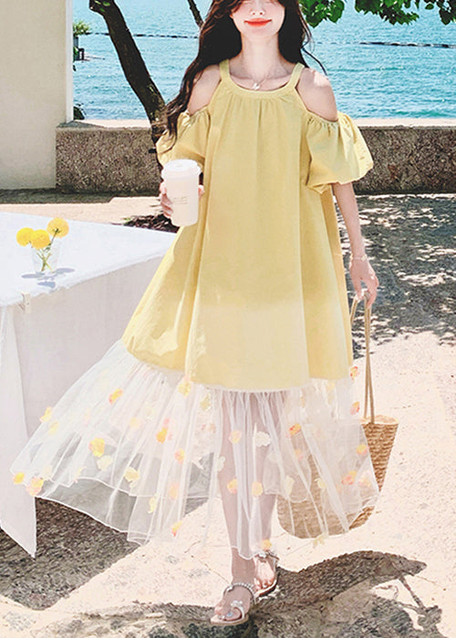 Loose Yellow Cold Shoulder Tulle Patchwork Long Dress Summer