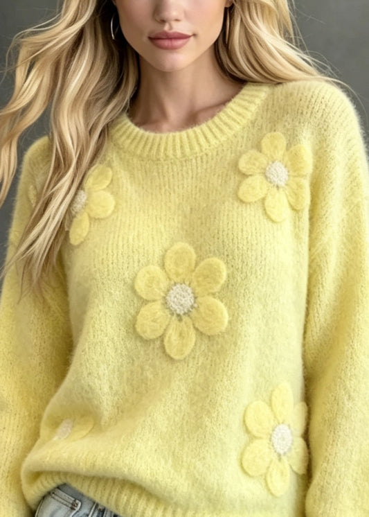 Loose Yellow O Neck Floral Thick Cozy Knit Sweaters Fall