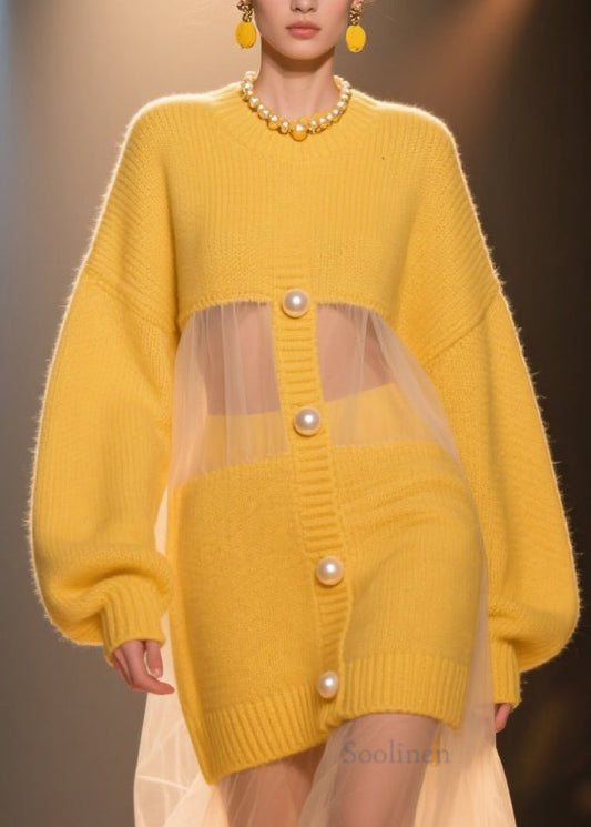 Loose Yellow O Neck Tulle Patchwork Knit Long Sweater Fall