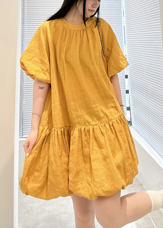 Loose Yellow O Neck Wrinkled Linen Mid Dress Summer