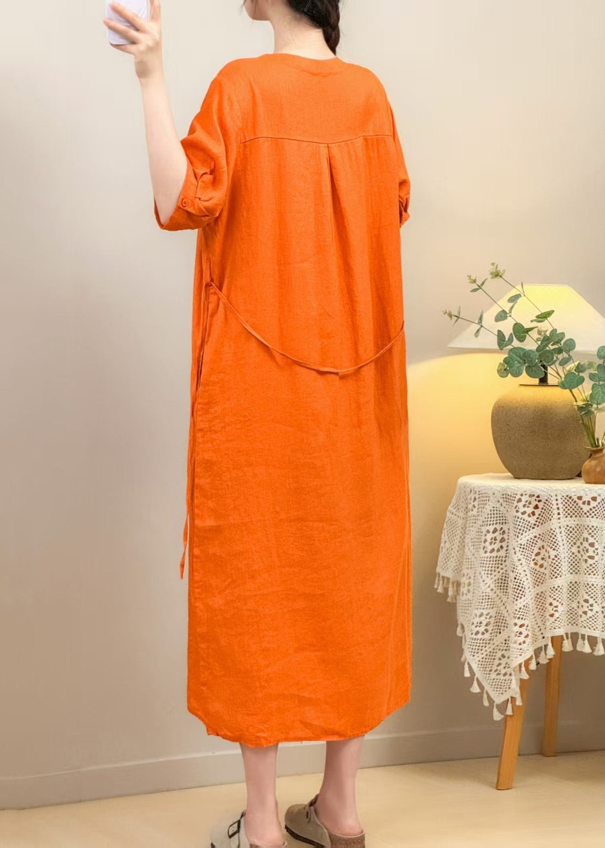 Loose Yellow V Neck Pockets Tie Waist Linen Long Dresses Summer