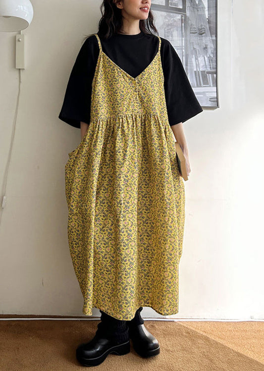 Loose Yellow V Neck Print Pockets Cotton Spaghetti Strap Dresses Sleeveless