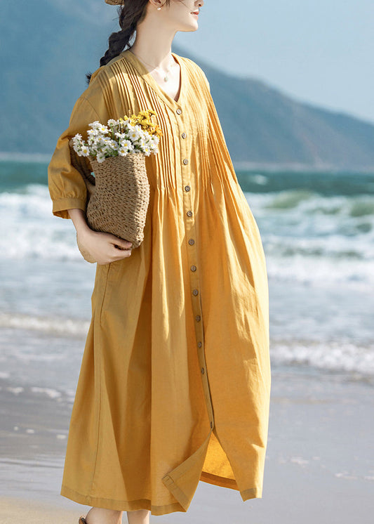Loose Yellow V Neck Wrinkled Maxi Dresses Three Quarter Sleeve
