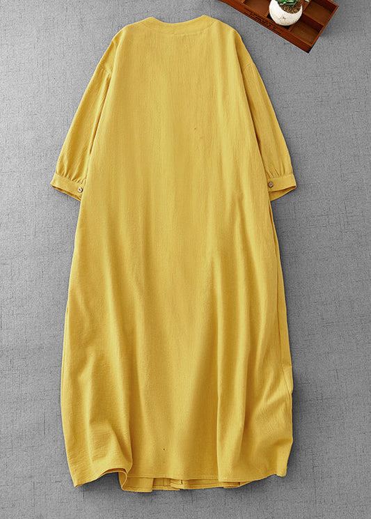 Loose Yellow Wrinkled Button Cotton Shirts Dress Summer