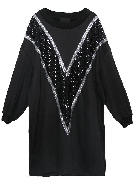 Loose black Cotton clothes Women o neck Sequined Dresses - SooLinen