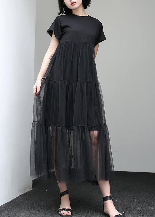 Loose black cotton Tunic Dress asymmetric patchwork A Line summer Dress - SooLinen